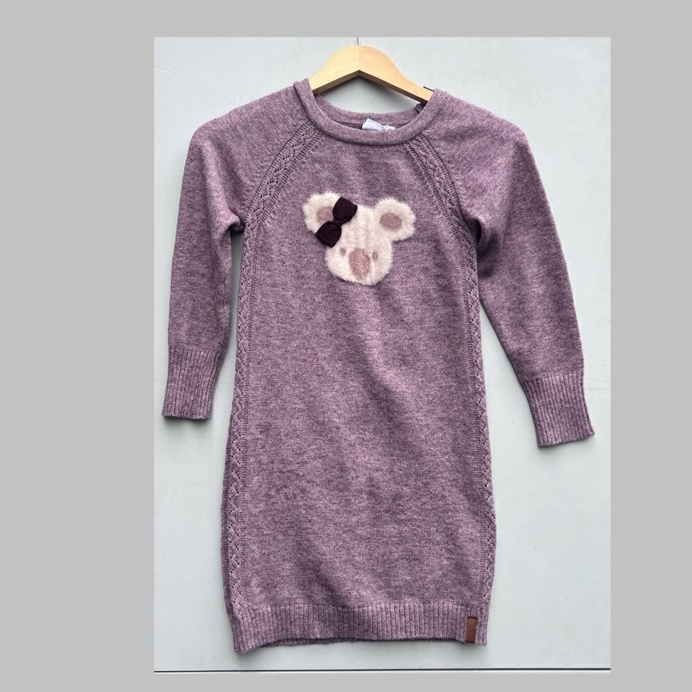 DEUX PAR DEUX Long Sleeve Knitted Dress With Applique, Purple With Koala Pattern